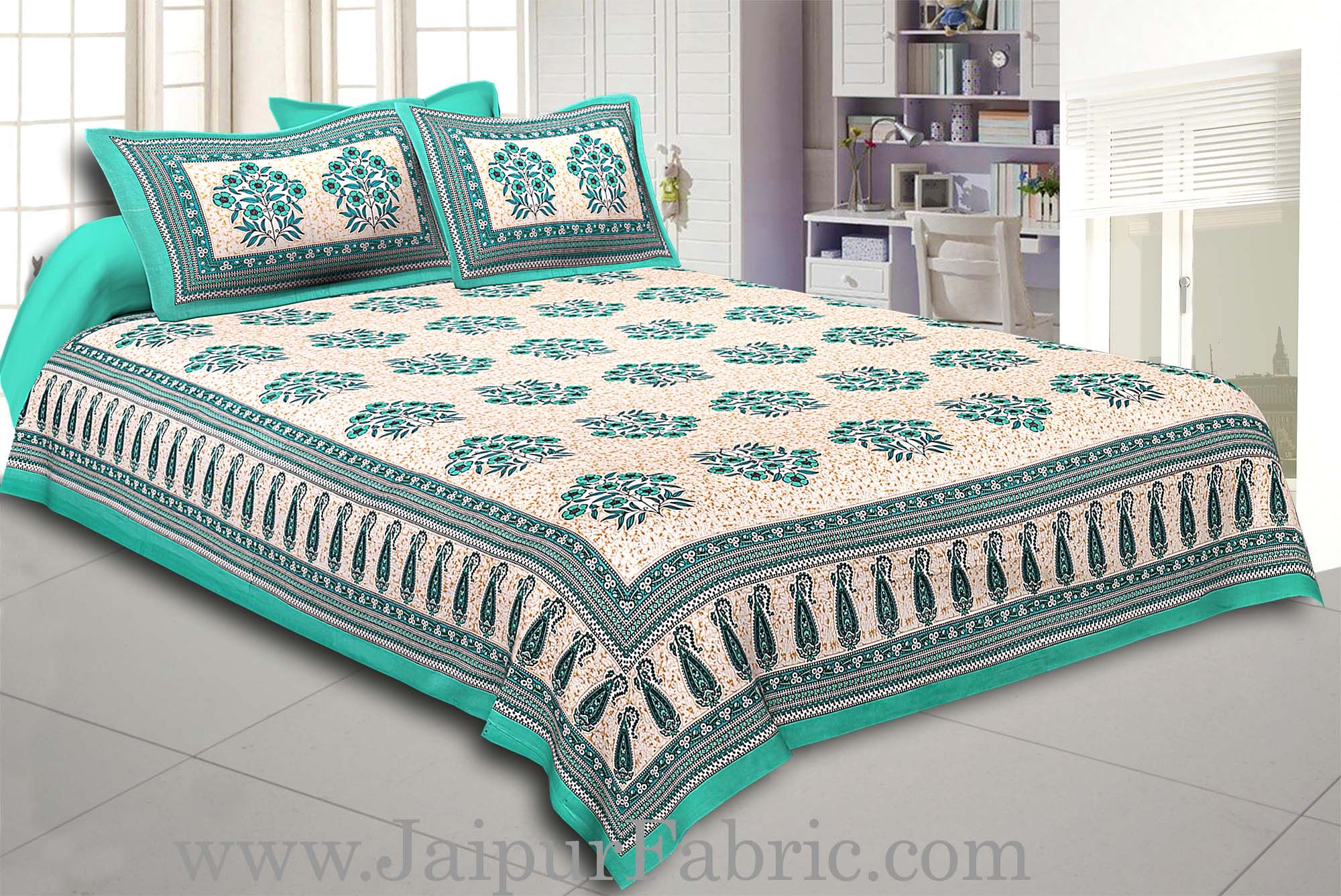 Green Border with long paan print cotton double bedsheet