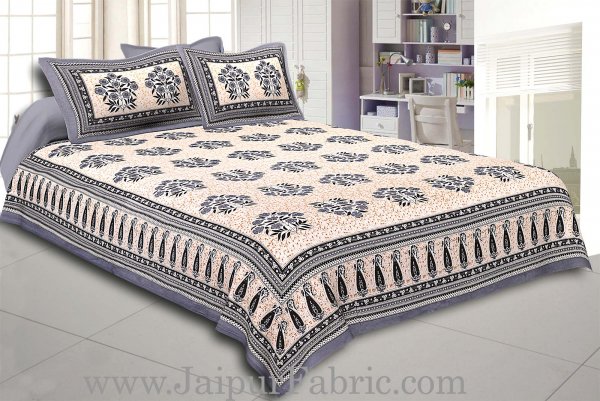 Grey Border with long paan print cotton double bedsheet