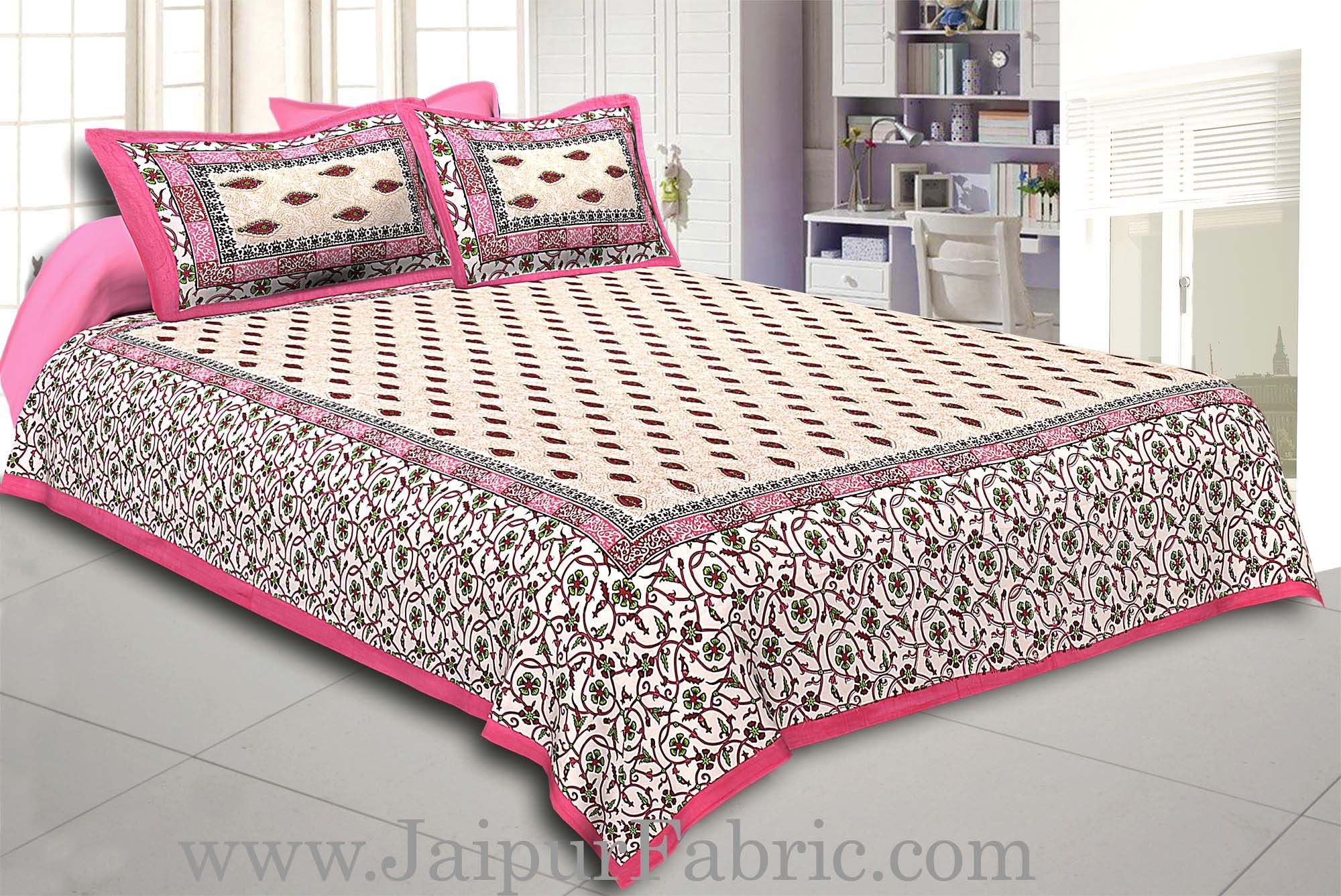 Pink Border with broad jaal pattern cotton double bedsheet