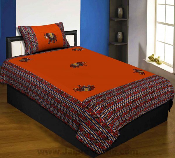 Applique Orange Elephant Jaipuri  Hand Made Embroidery Patch Work Single Bedsheet