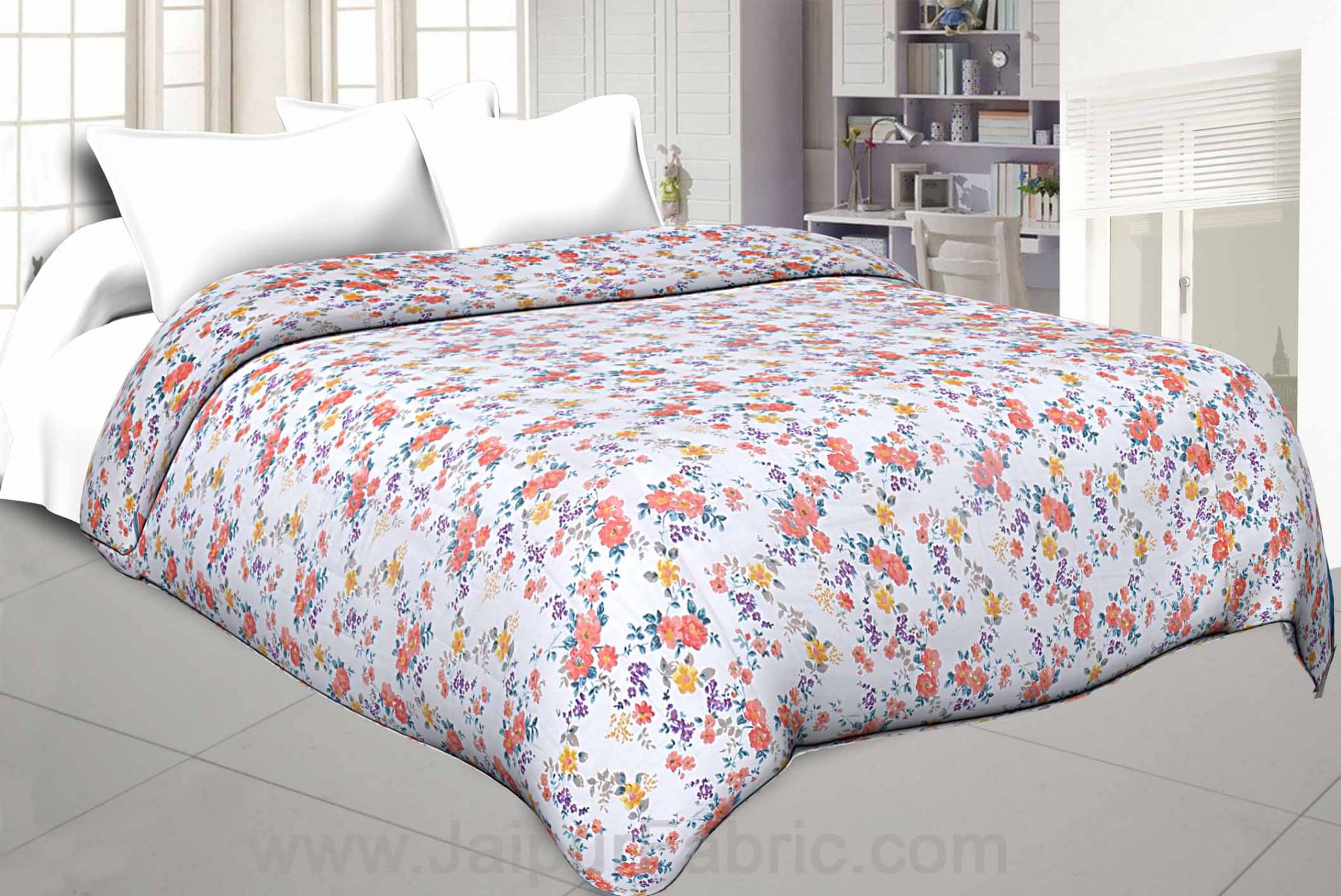 Muslin Cotton Double bed Reversible mulmul Dohar in multicolour motif floral print