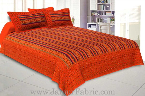 Double Bedsheet Katha Work Orange Border Zik-Zak Print