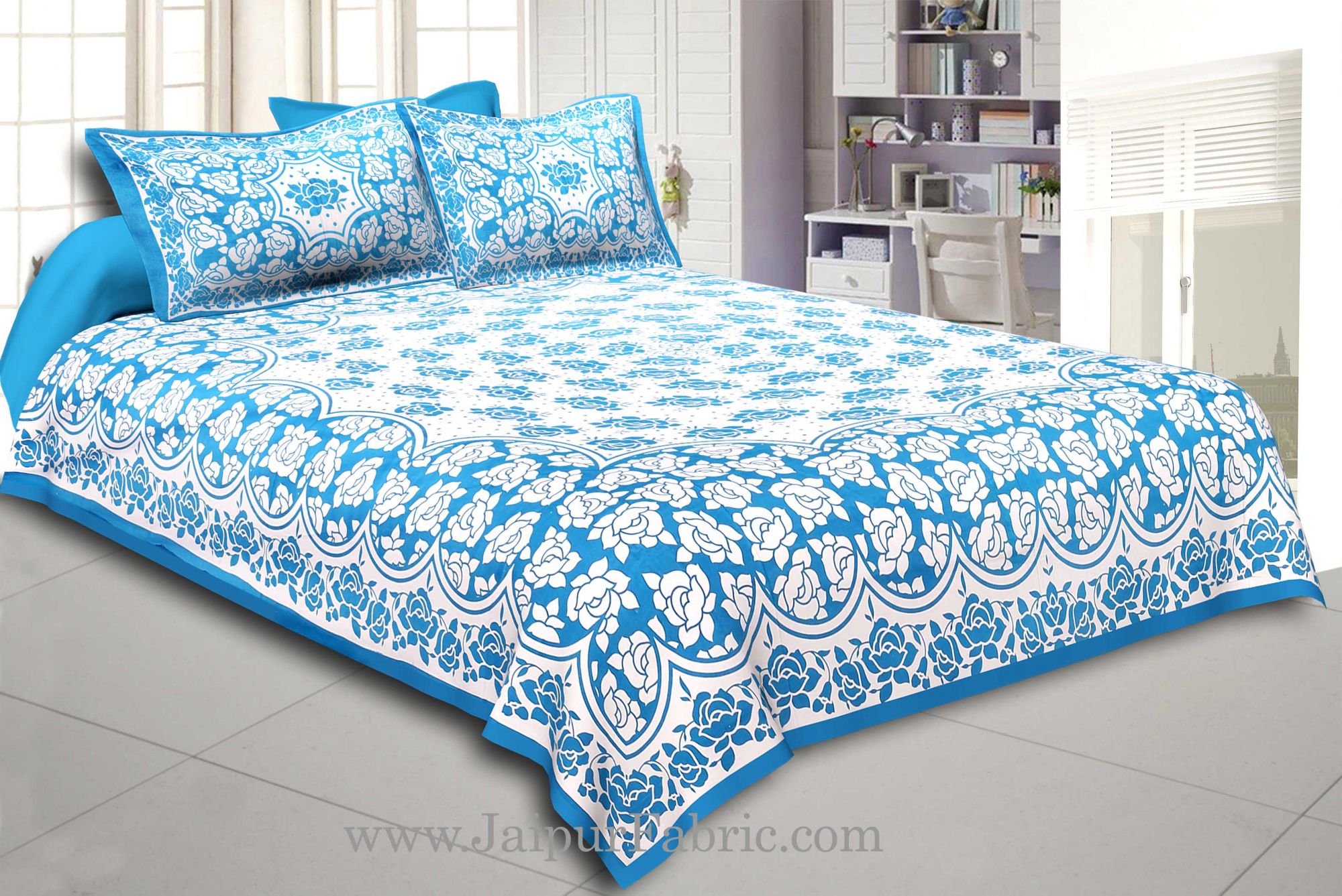 Firozi  Border Firozi Base White Lotus Print Cotton Double Bed Sheet