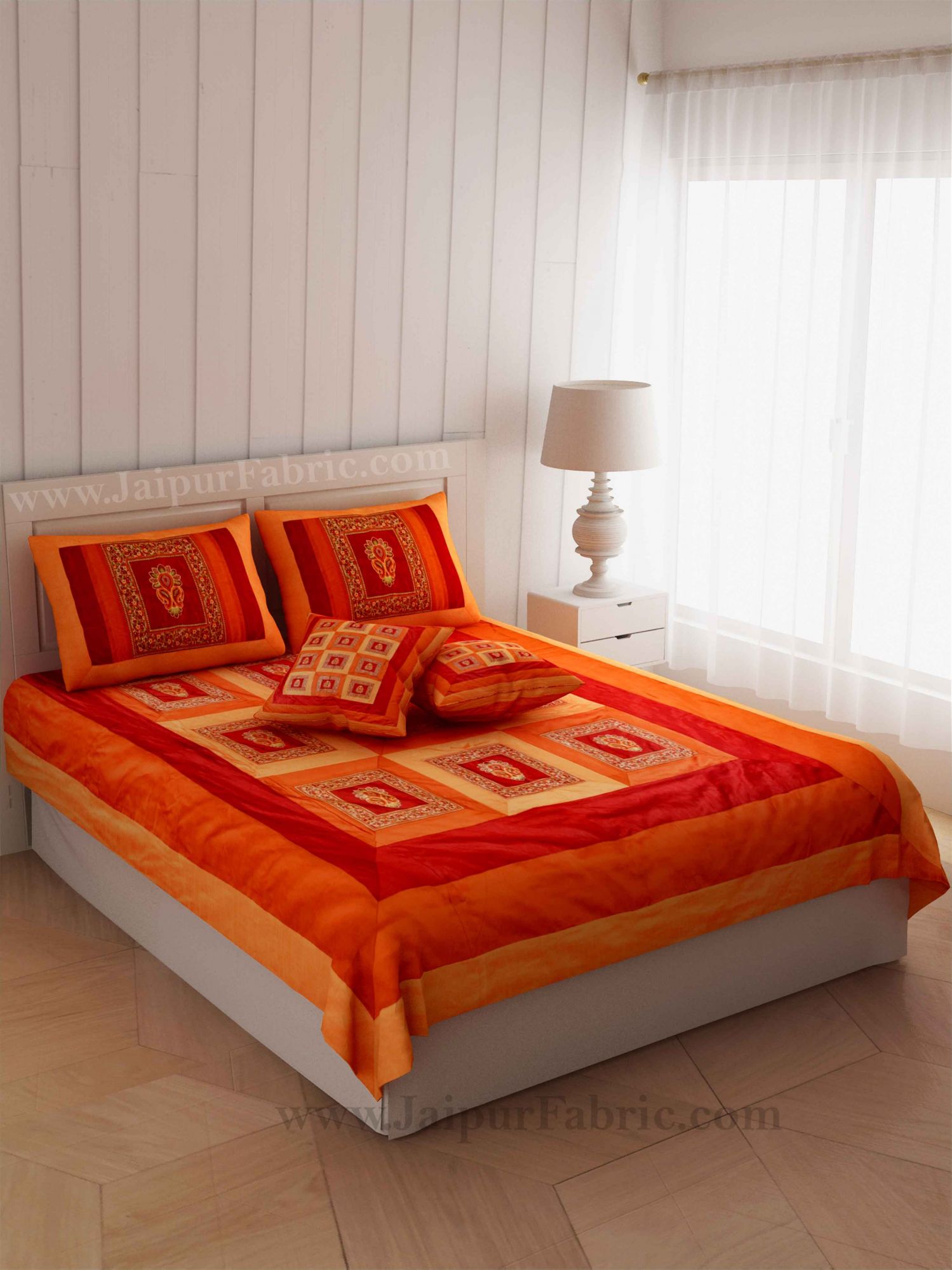 Orange Maroon Base Machine Embroidery and Zari Thread Work Silk Double Bed Sheet