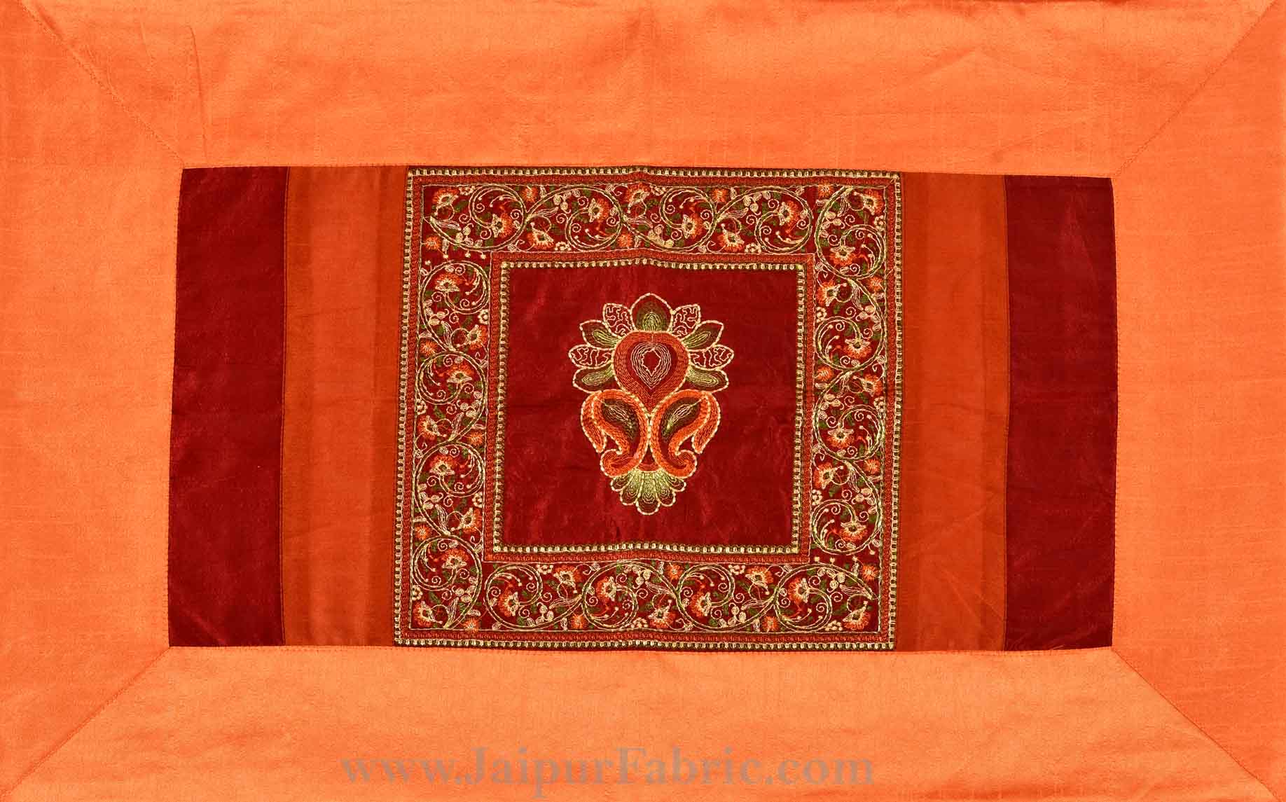 Orange Maroon Base Machine Embroidery and Zari Thread Work Silk Double Bed Sheet