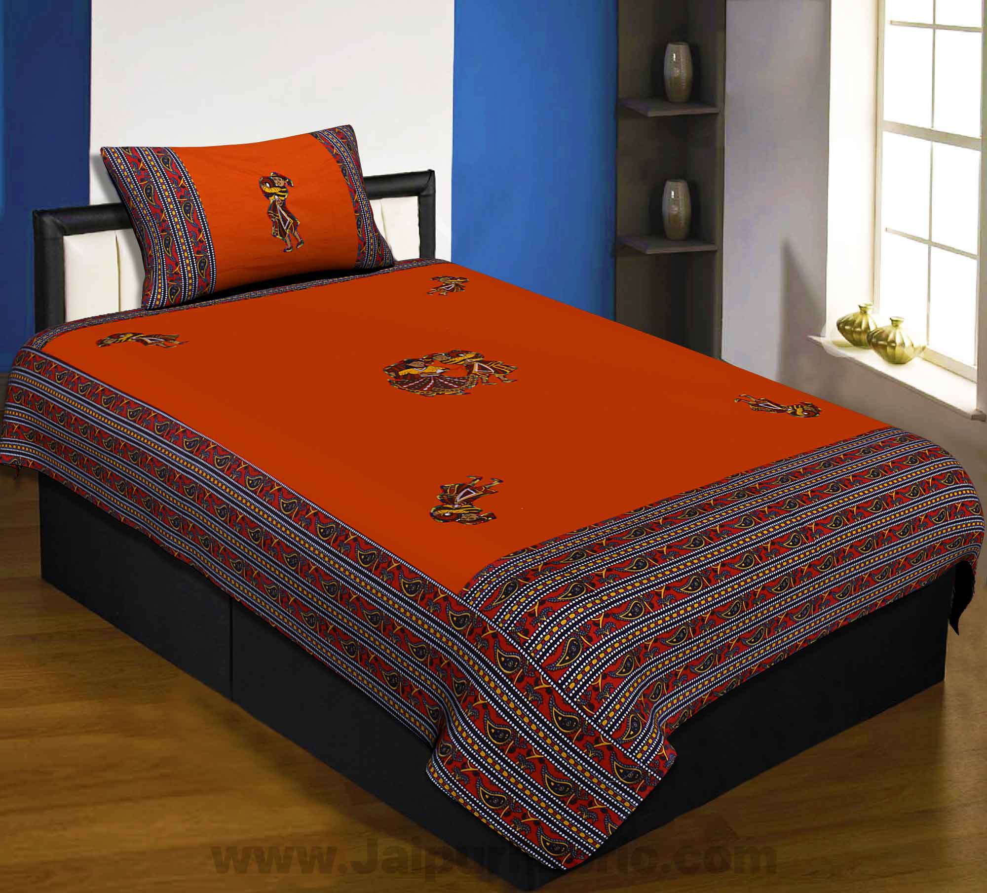 Applique Orange Chang Dance Jaipuri  Hand Made Embroidery Patch Work Single Bedsheet