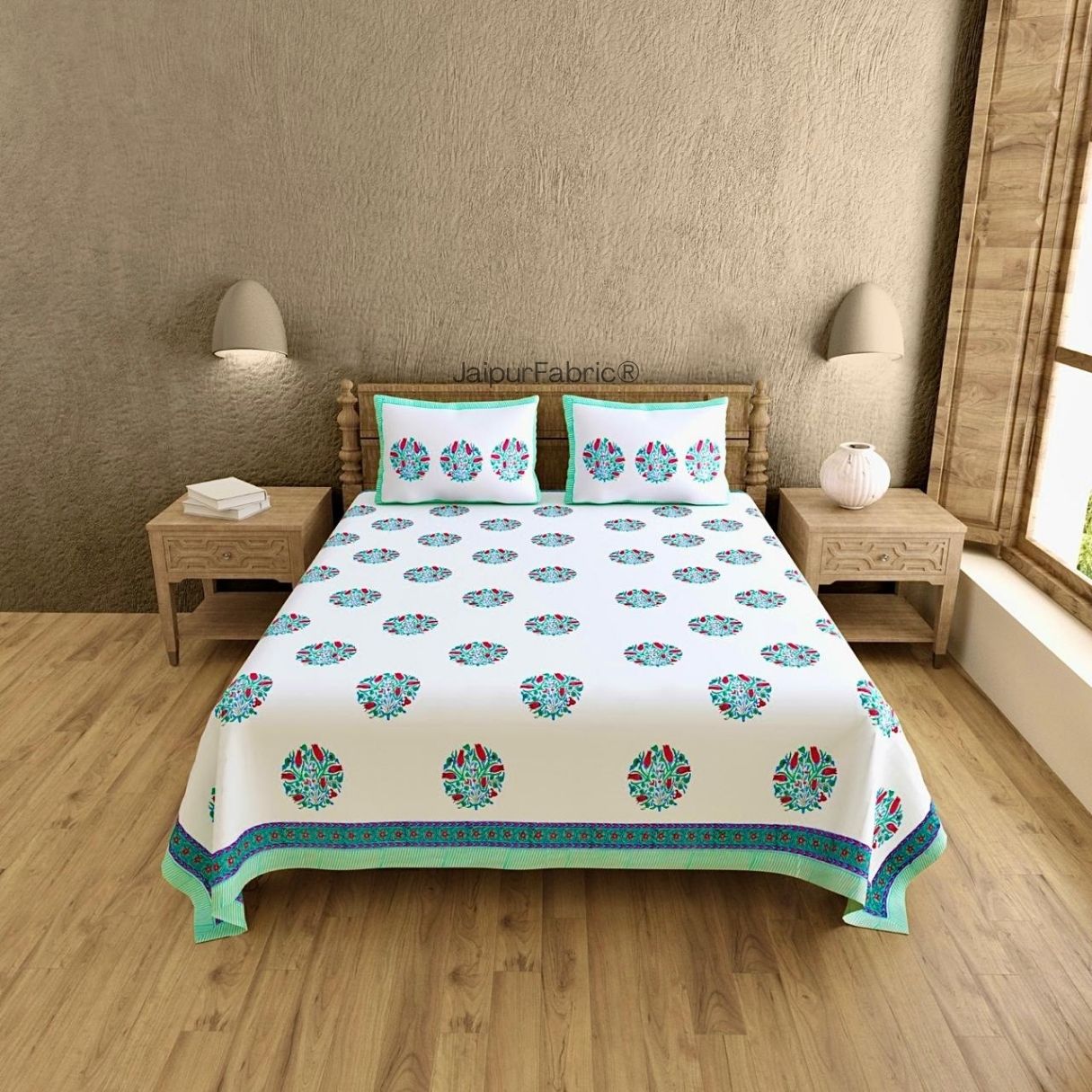 Handpicked Luxury Block Print 400 TC Pure Cotton King Size Bedsheet