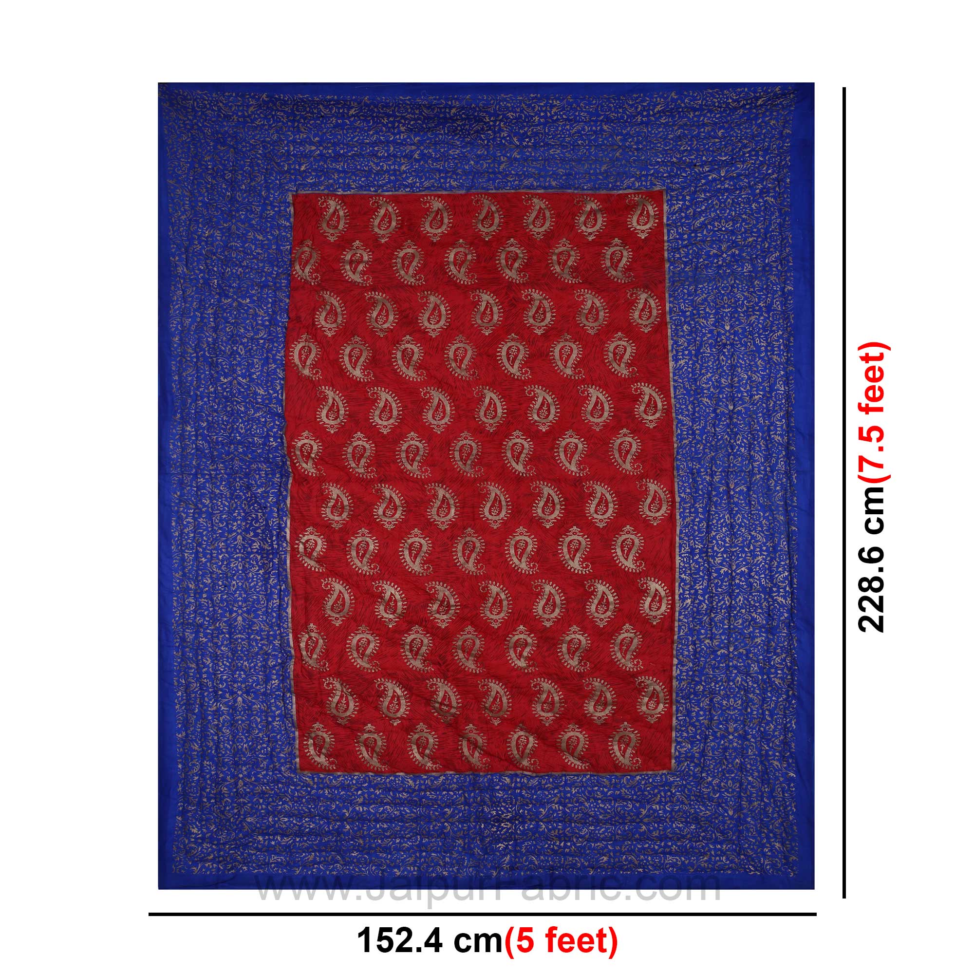 Jaipuri Printed Single Bed Razai Golden Red and blue with Paisley pattern