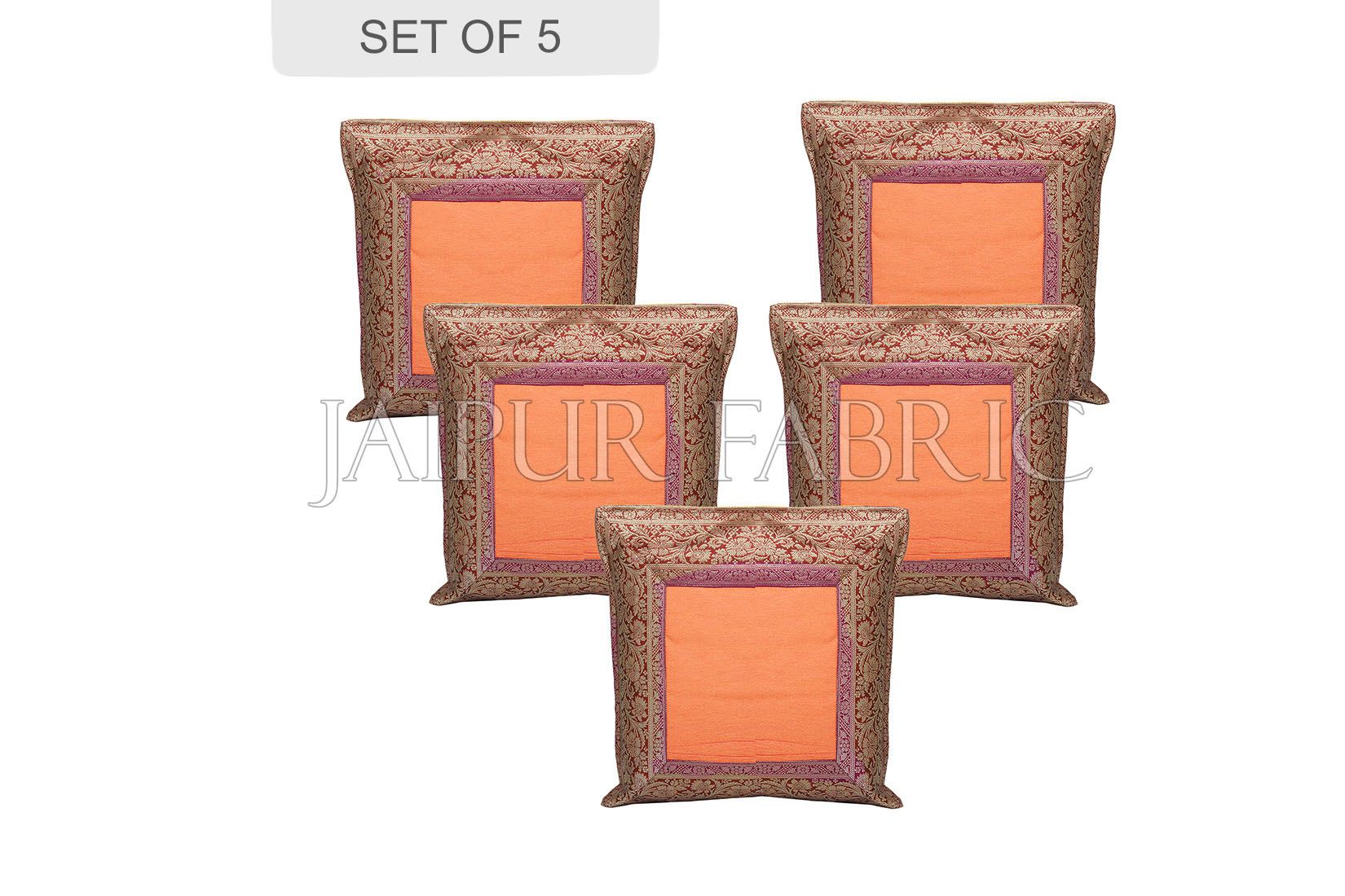 Orange Base with Maroon Gota Work Border Cotton Satin Silk Cushion Cover