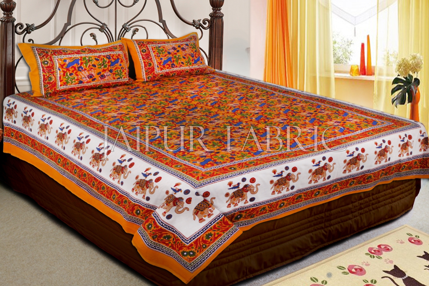 Orange Base Jaipur Handmade animal block  print bedsheet With pillow Covers