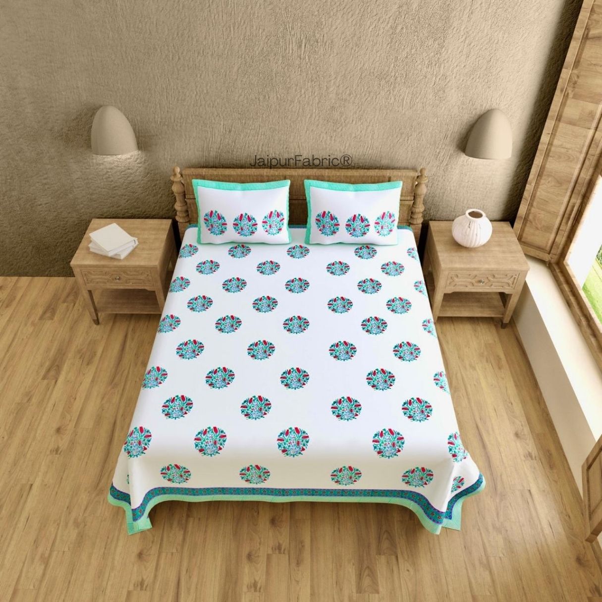 Handpicked Luxury Block Print 400 TC Pure Cotton King Size Bedsheet