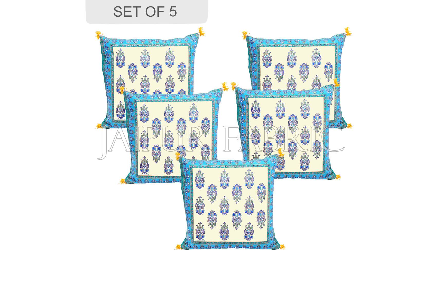 Cream Base with Cyan Border Rajasthani Kalash Design Cotton Cushion Cover