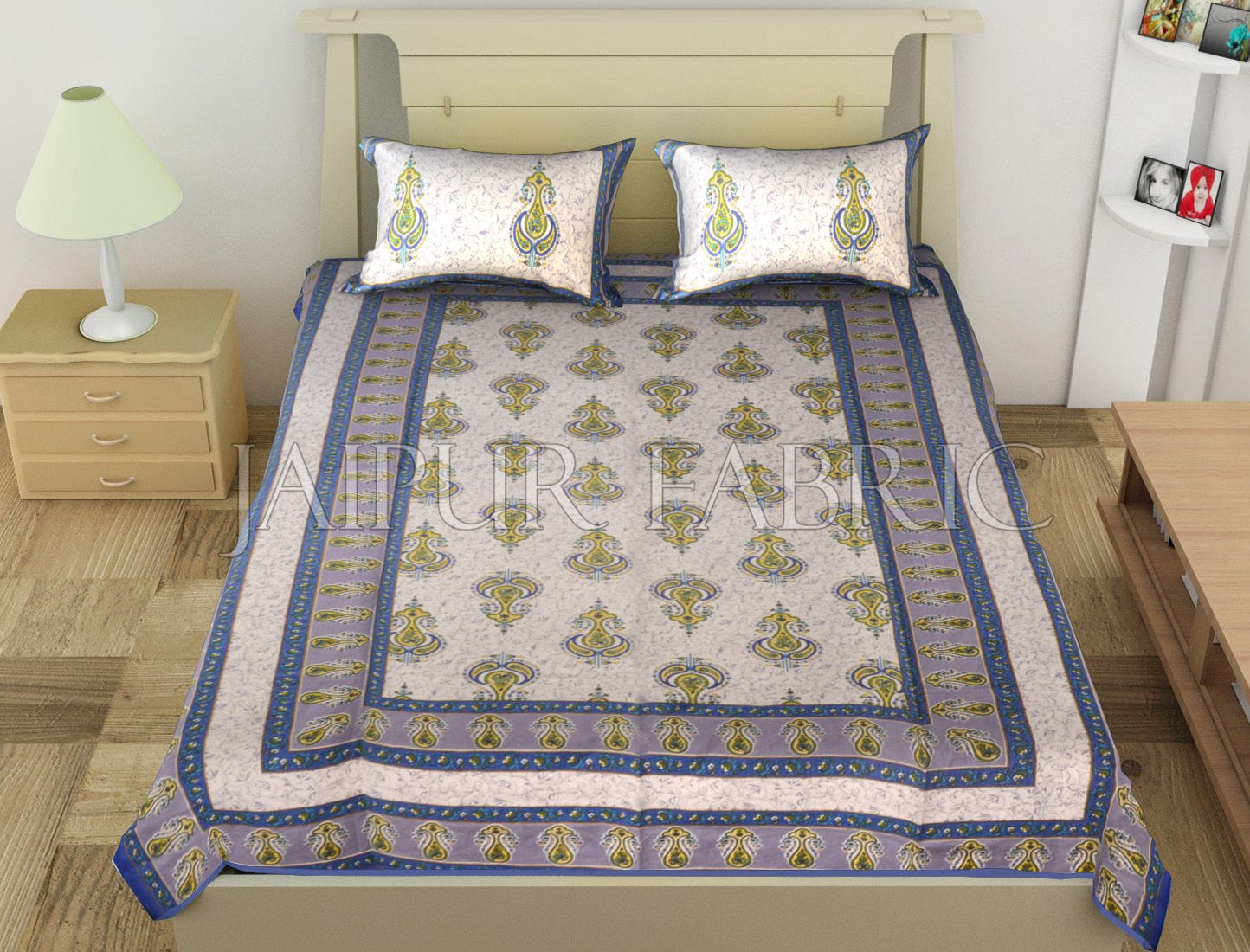 Blue Jaipuri Keri Printed Cotton Single Bed Sheet