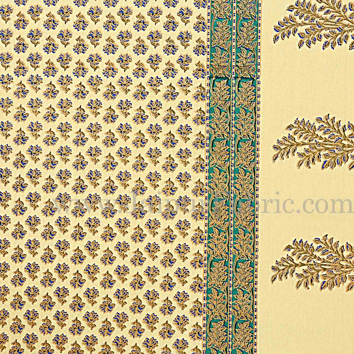 Green Border Cream Base With booti Pattern With Golden Print Super Fine Cotton Double Bed Sheet