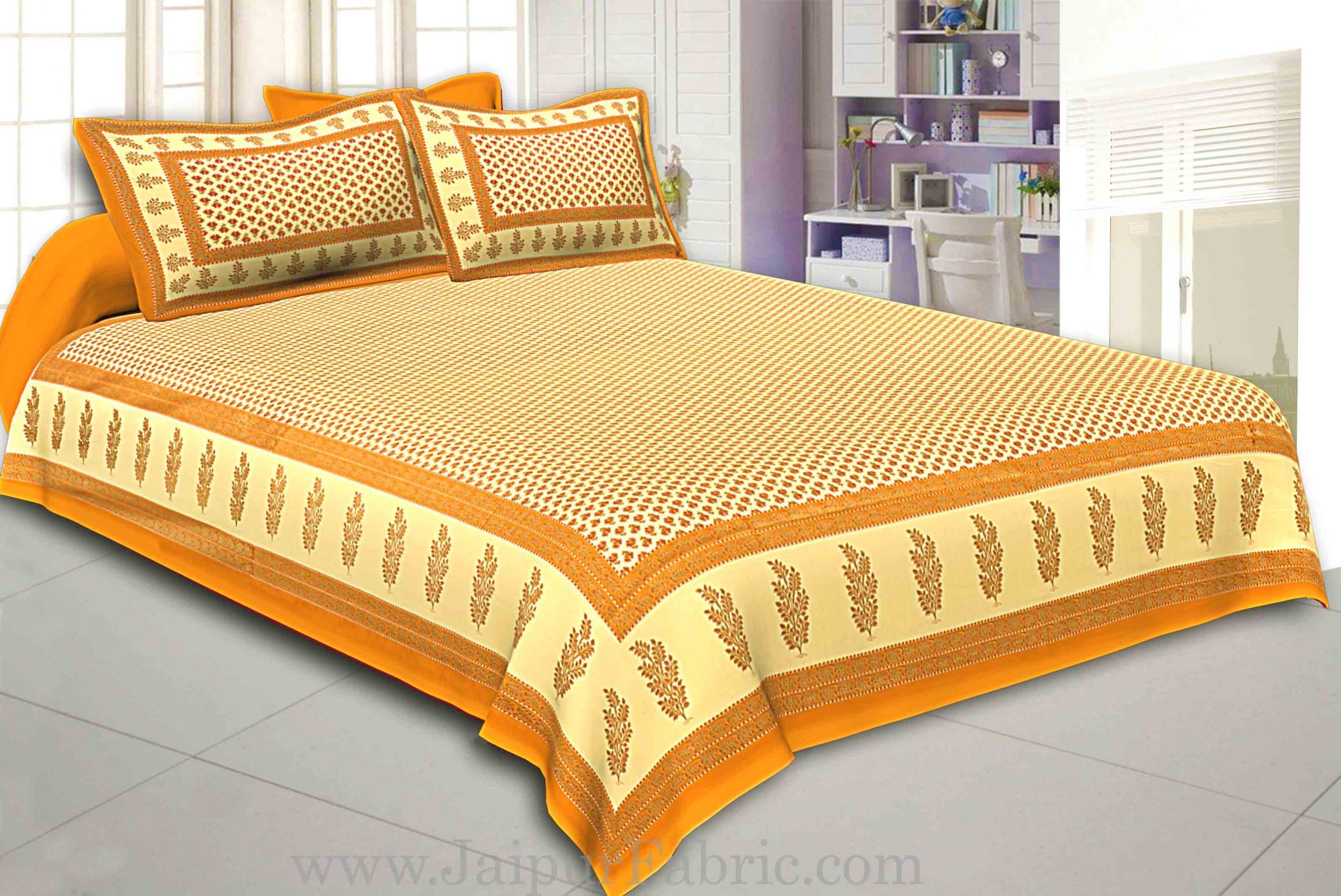 Orange Border Cream Base With booti Pattern With Golden Print Super Fine Cotton Double Bed Sheet