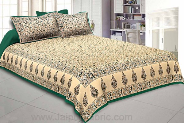 Ethnic Gold Green Floral Double Bedsheet