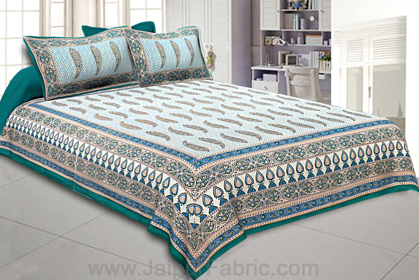 Ethnic Petals Print Peacock Green Bedsheet