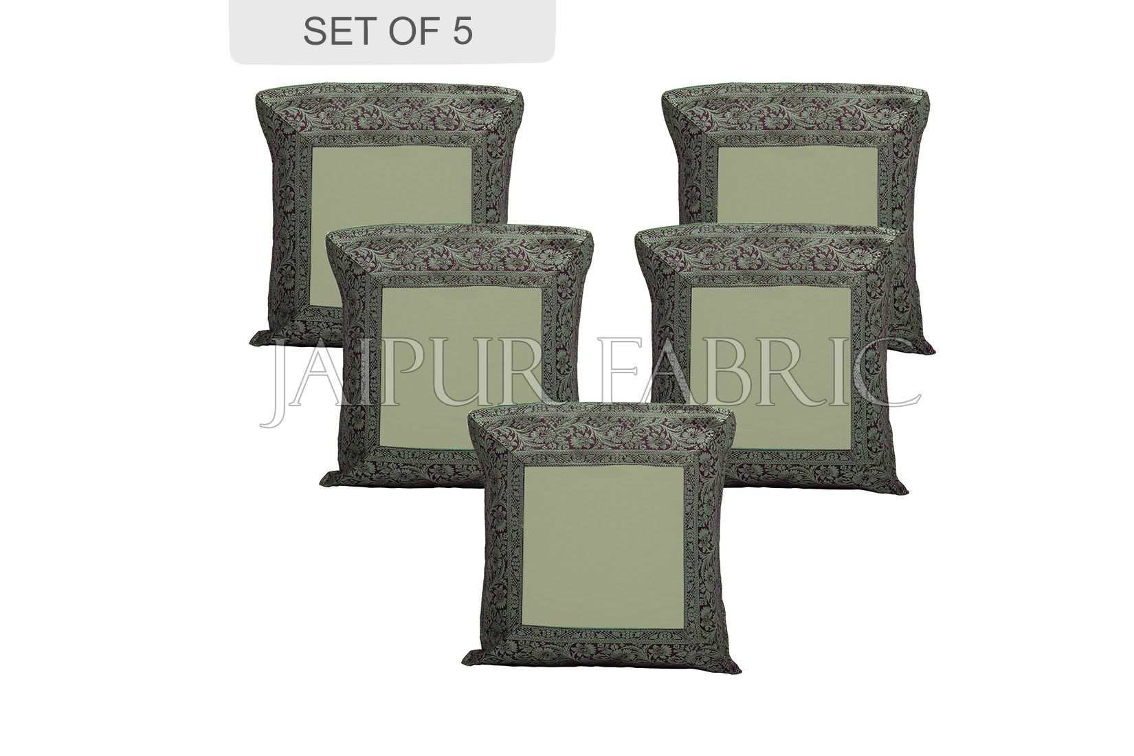 Green Base with Black Gota Work Border Cotton Satin Silk Cushion Cover