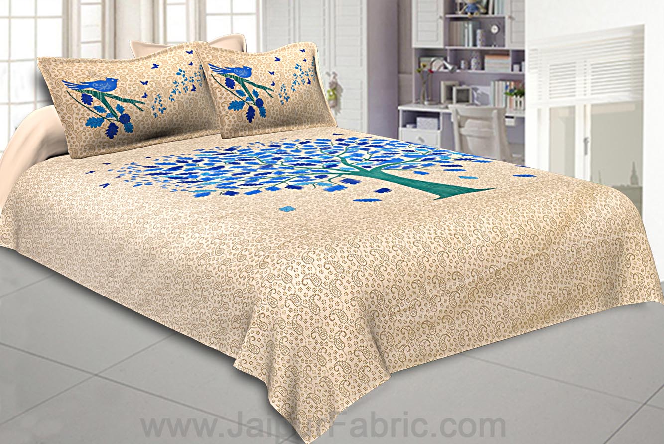 Beige Double Bedsheet With Blue Green Spring Tree