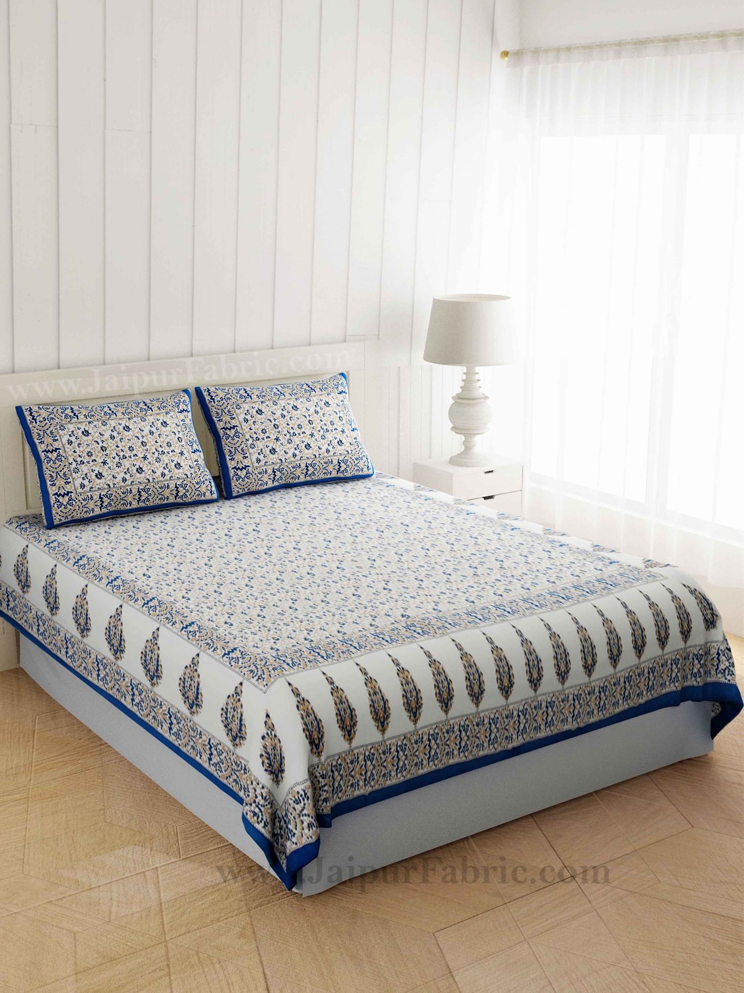 Blue Golden Flowery Motif Print Double Bedsheet