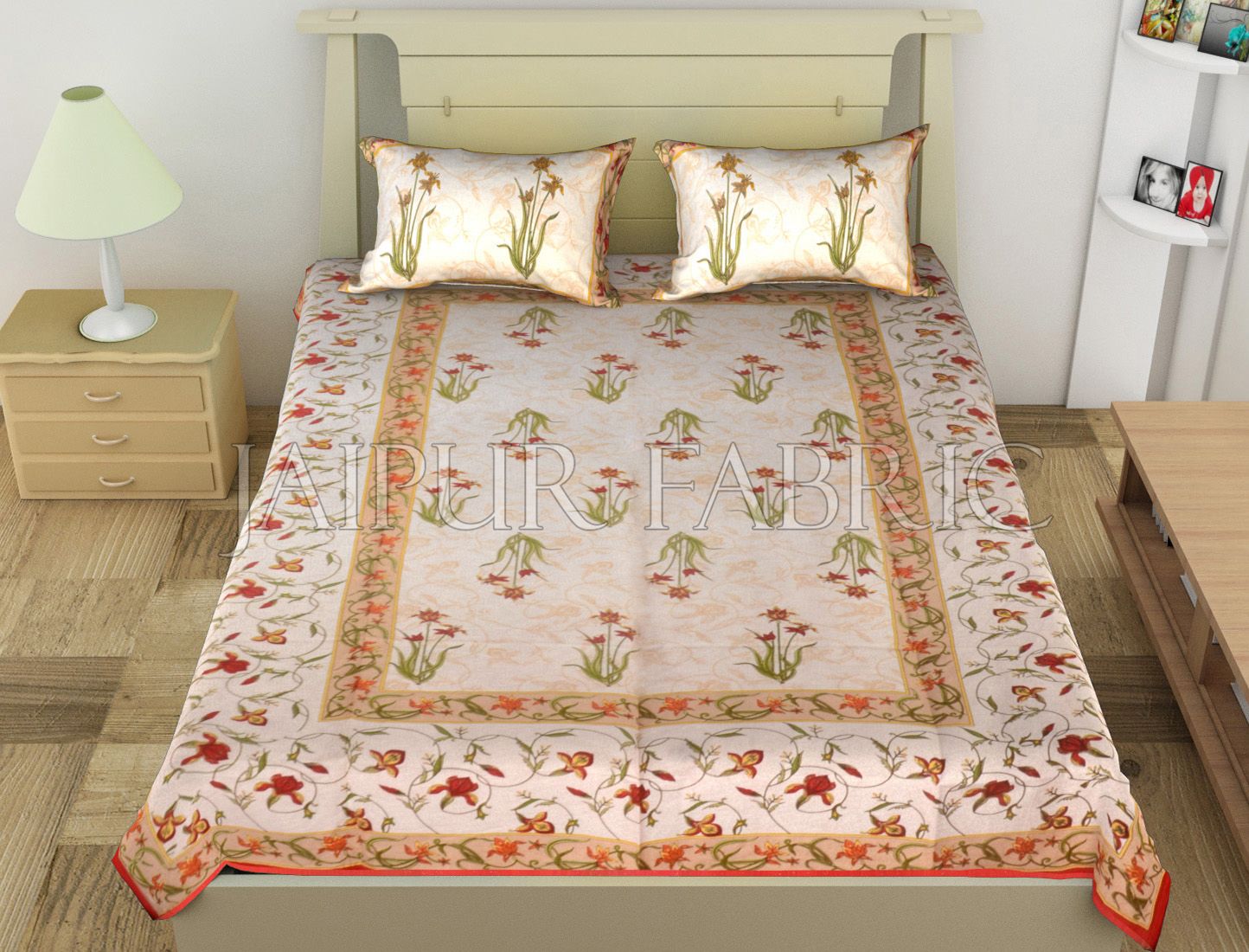 Red Border Lotus Floral Printed Cotton Single Bed Sheet