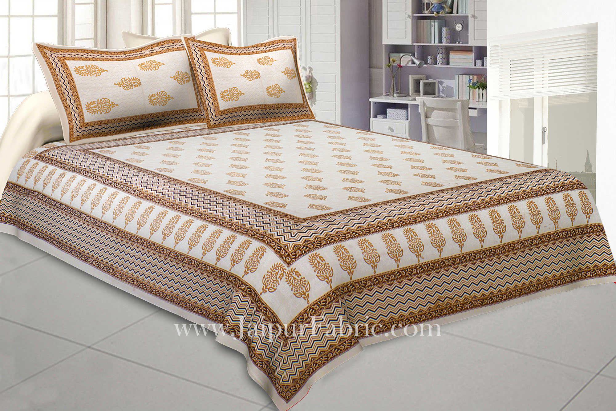 Peaceful Cream Double Bedsheet with Gold Work