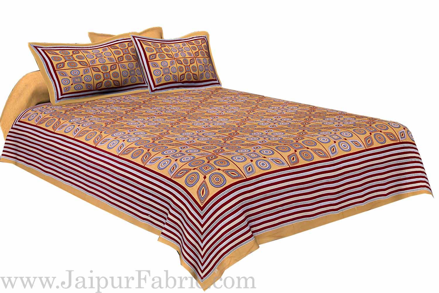 Brown Border Brown Base Multi Shape Pattern Screen Print Cotton Double Bed Sheet