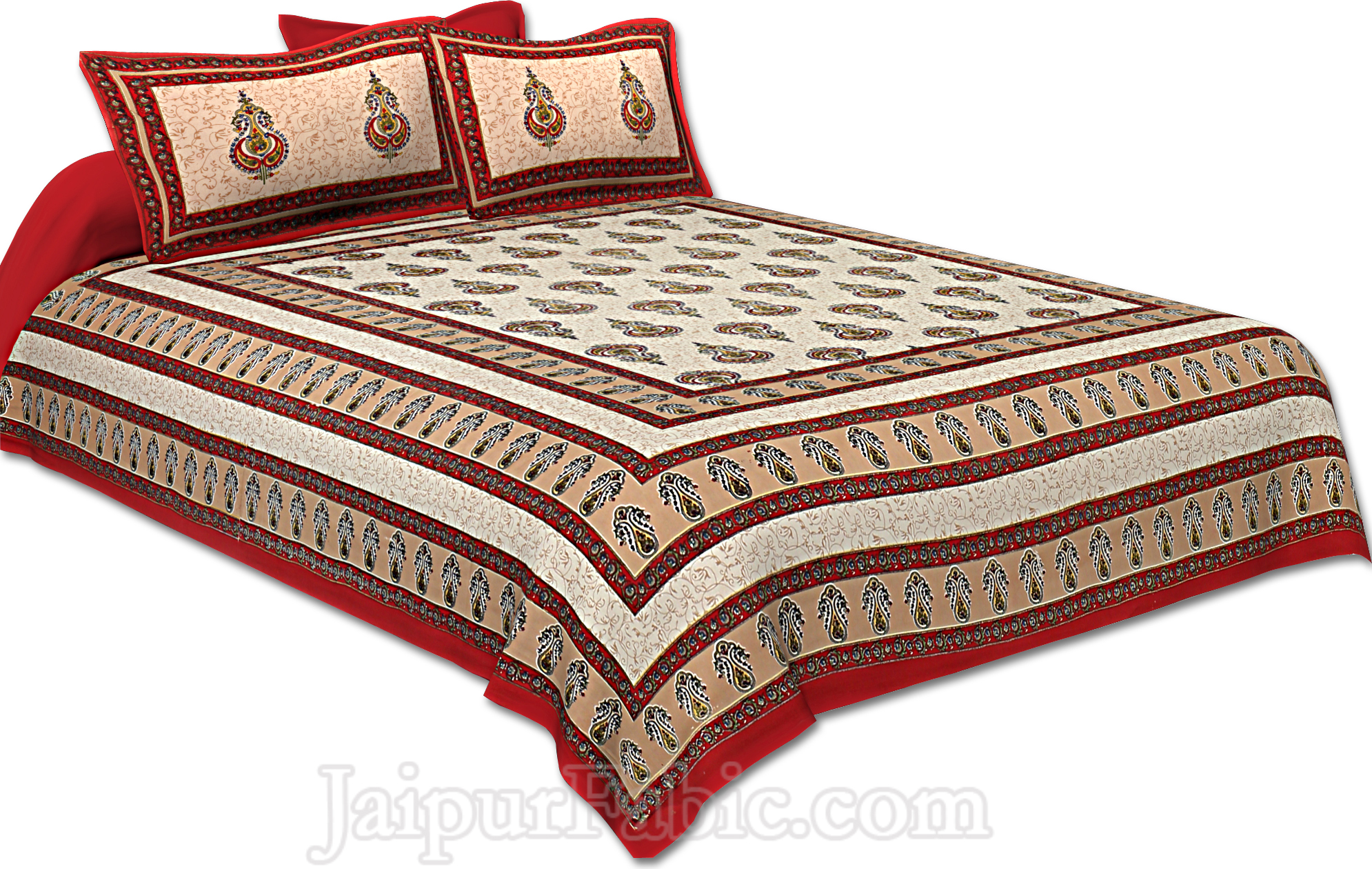 Maroon Border Cream  Base Sanganeri Print Super Fine Cotton Double Bedsheet