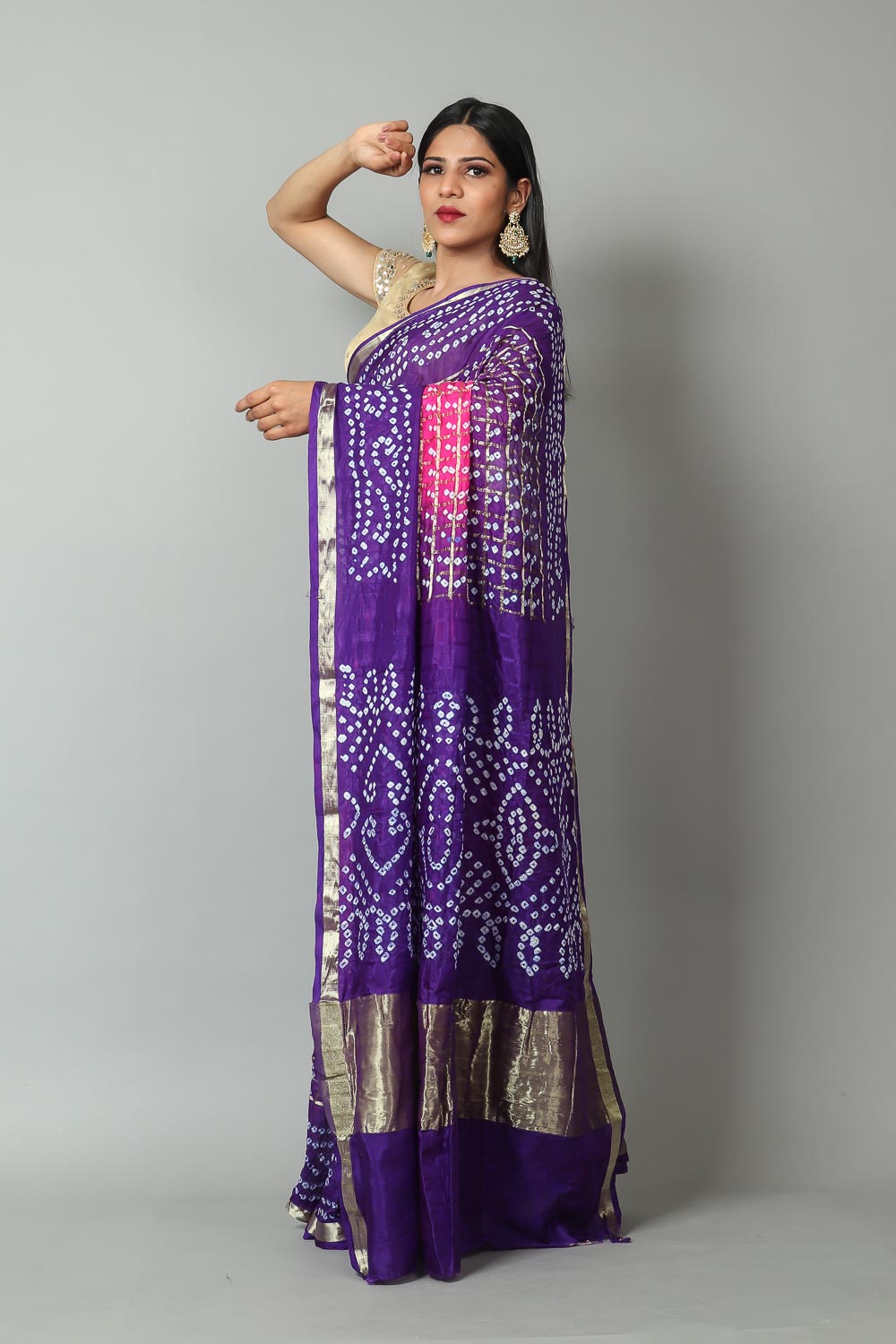 Womens Bandhani and Banarasi Saree and Blouse Fabric-Purple-Pink