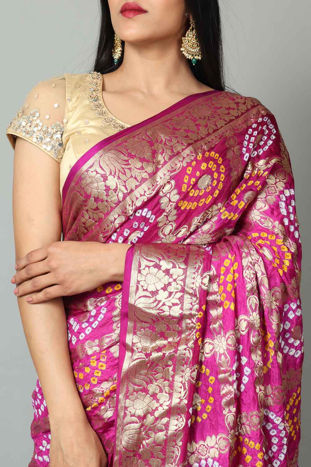 Womens Bandhani and Banarasi Saree and Blouse Fabric-Pink