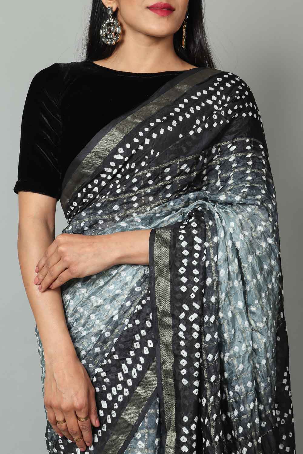 Womens Bandhani and Banarasi Saree and Blouse Fabric-Grey-Black