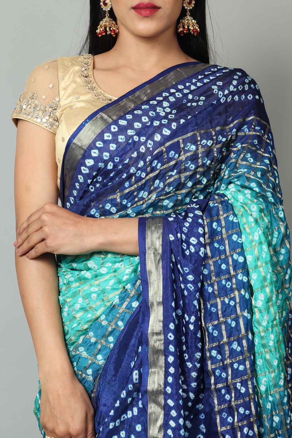 Womens Bandhani and Banarasi Saree and Blouse Fabric-Green-Blue