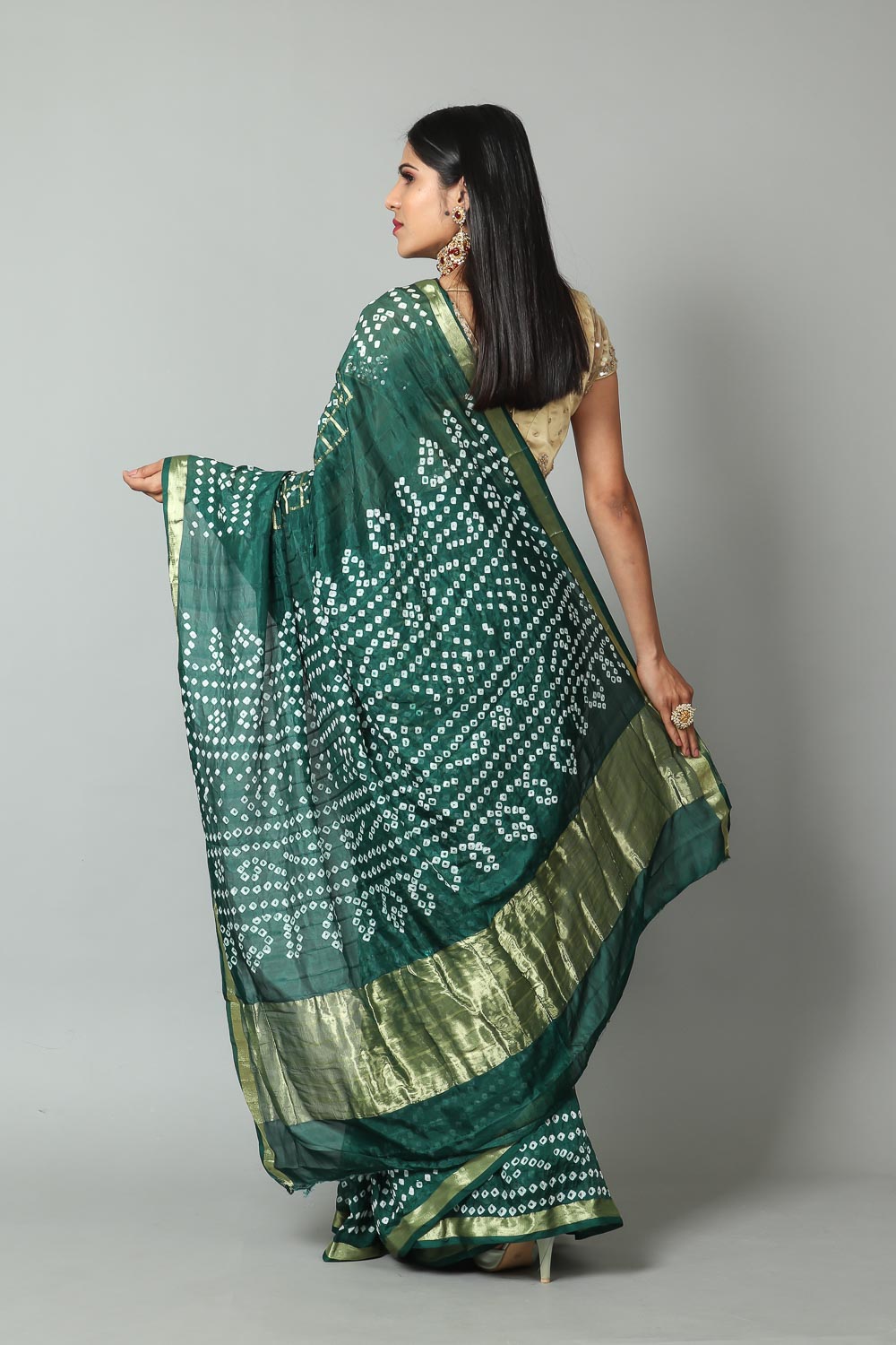 Womens Bandhani and Banarasi Saree and Blouse Fabric-Bottle Green