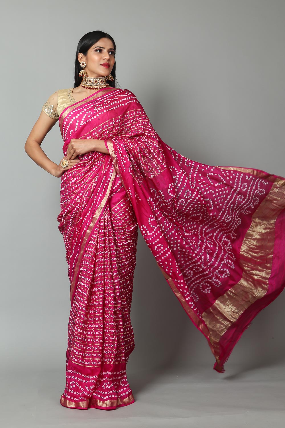 Bandhani with Zari Weaving Bandhani Pallu Silk Pink Saree with Blouse Piece