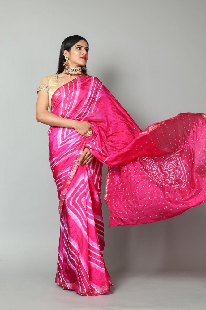 Lehariya with Zari Border and Bandhani Pallu Silk Saree with Blouse Piece with Semi-Stitched