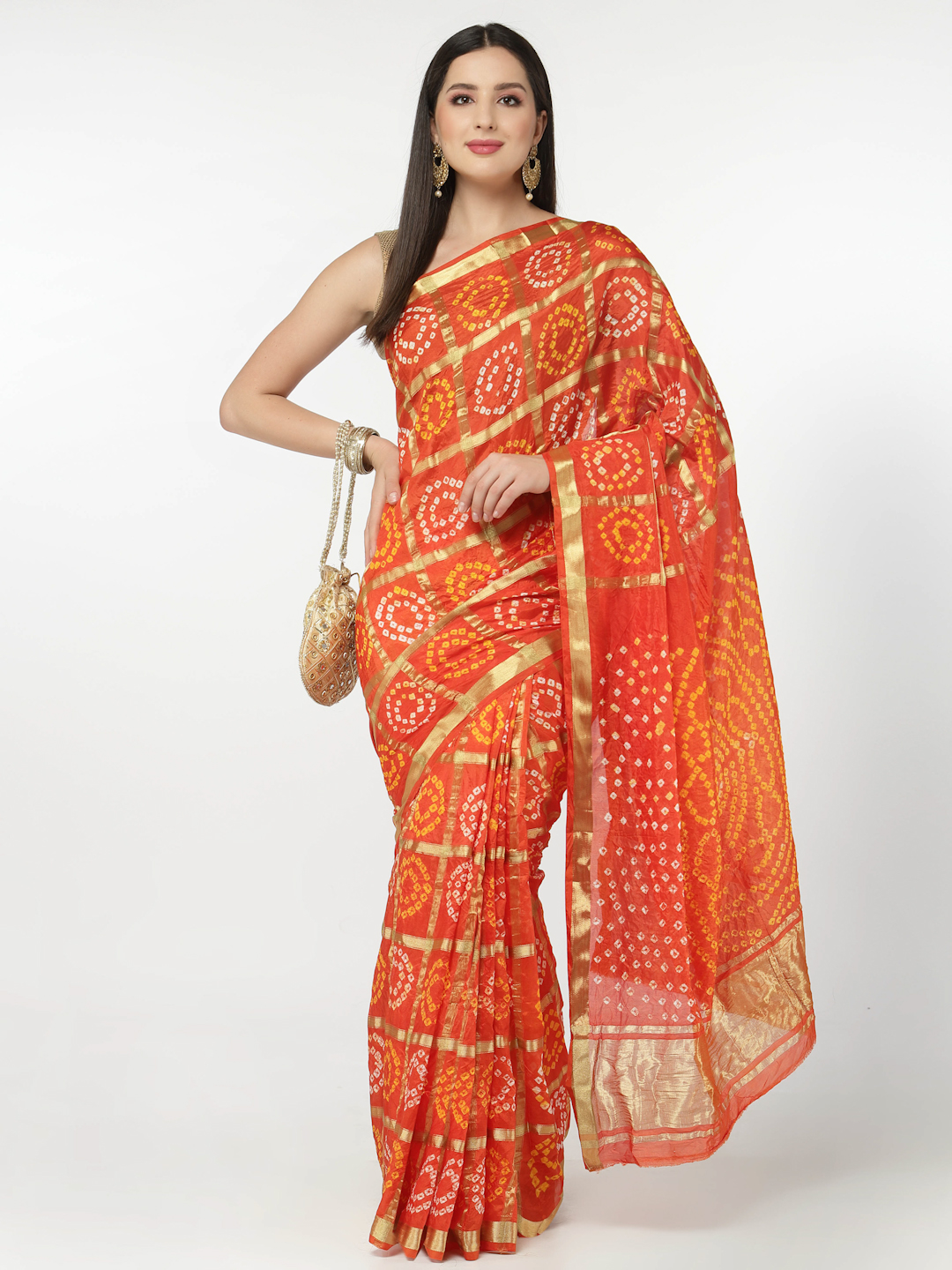 Women Silk Bandhani and Zari Weaving Saree with Unstitched Blouse - Orange