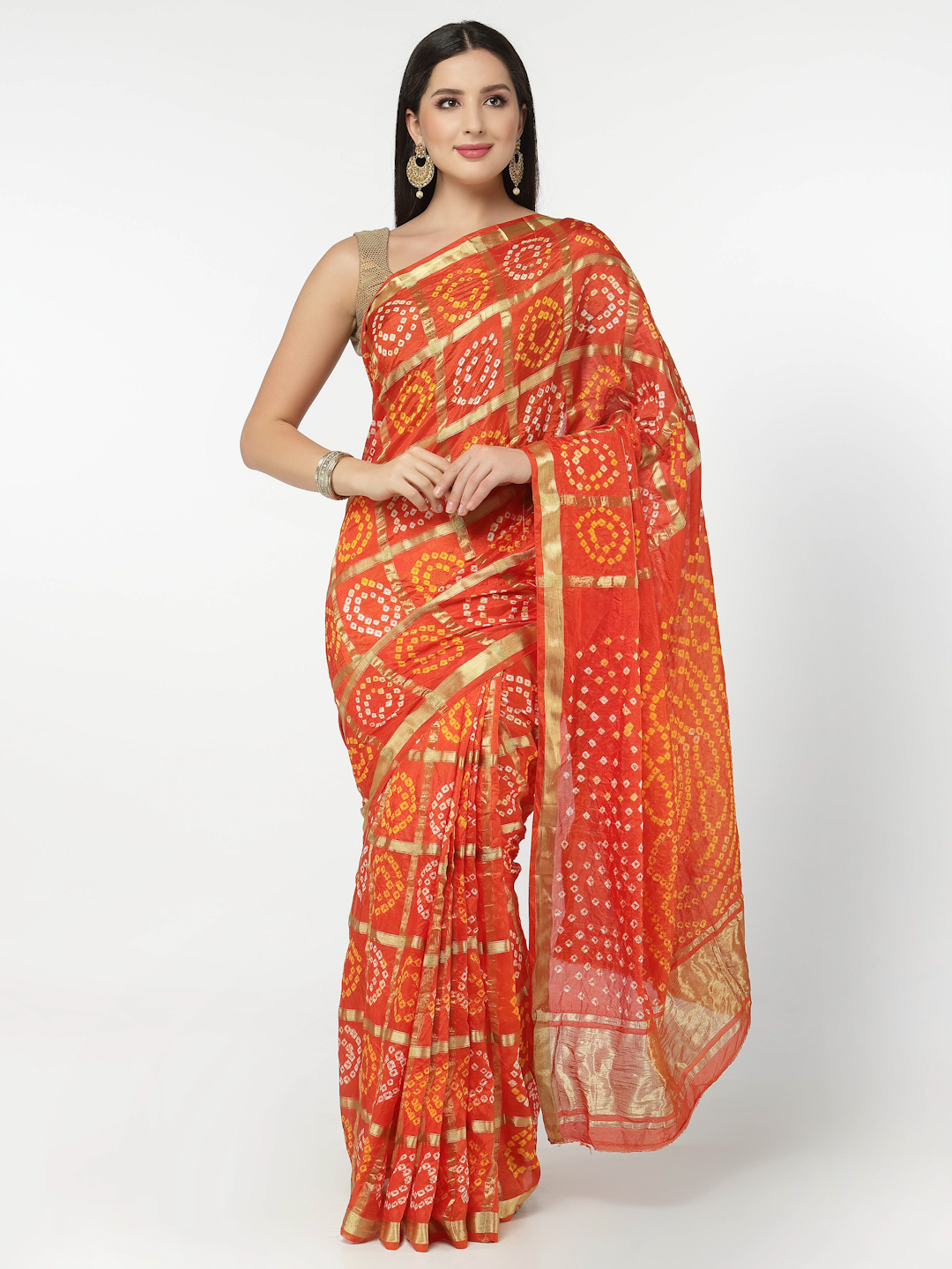 Women Silk Bandhani and Zari Weaving Saree with Unstitched Blouse - Orange