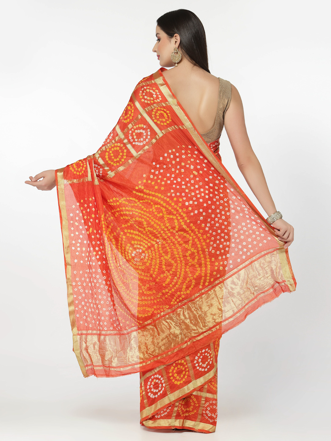 Women Silk Bandhani and Zari Weaving Saree with Unstitched Blouse - Orange