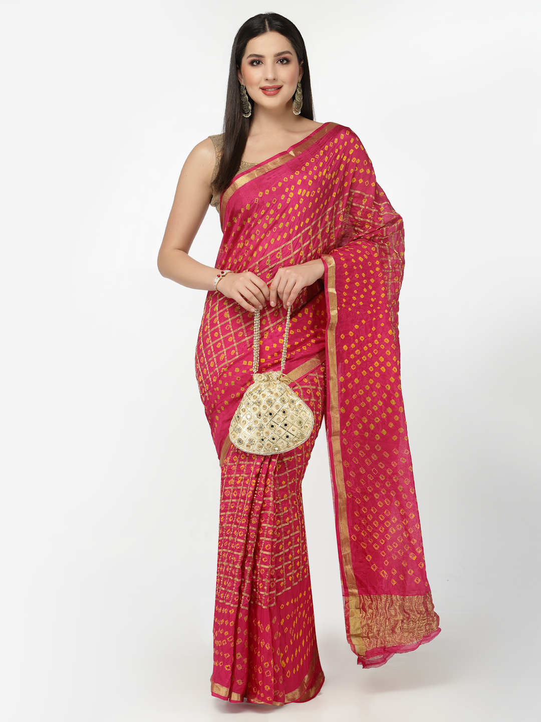 Women Silk Bandhani and Zari Weaving Saree with Unstitched Blouse - Pink