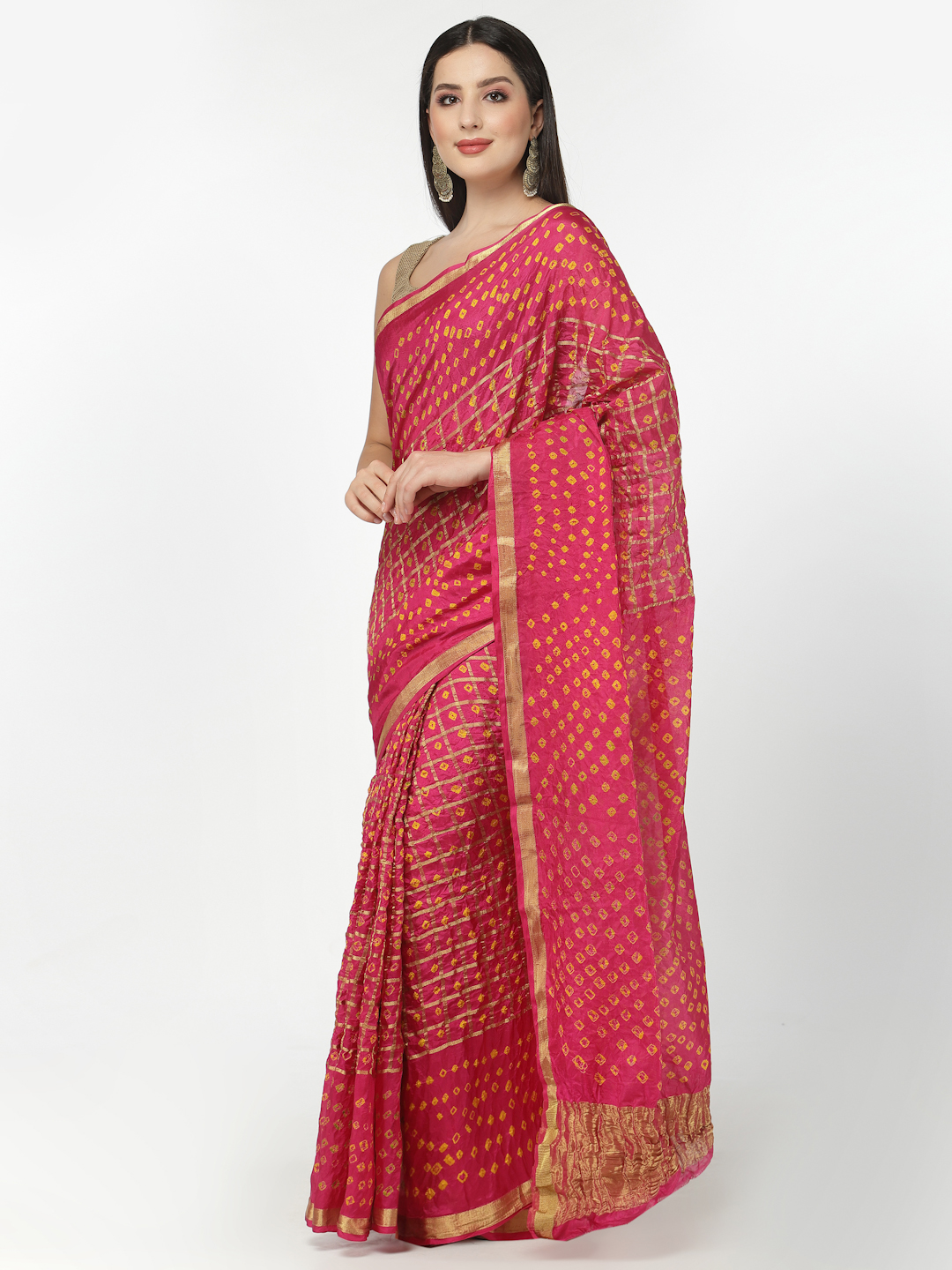 Women Silk Bandhani and Zari Weaving Saree with Unstitched Blouse - Pink