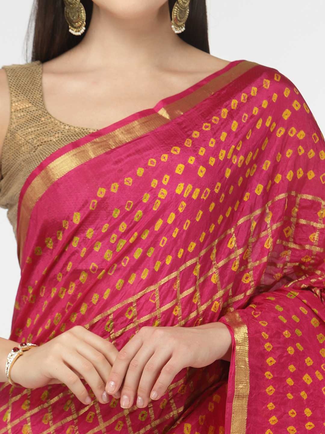 Women Silk Bandhani and Zari Weaving Saree with Unstitched Blouse - Pink