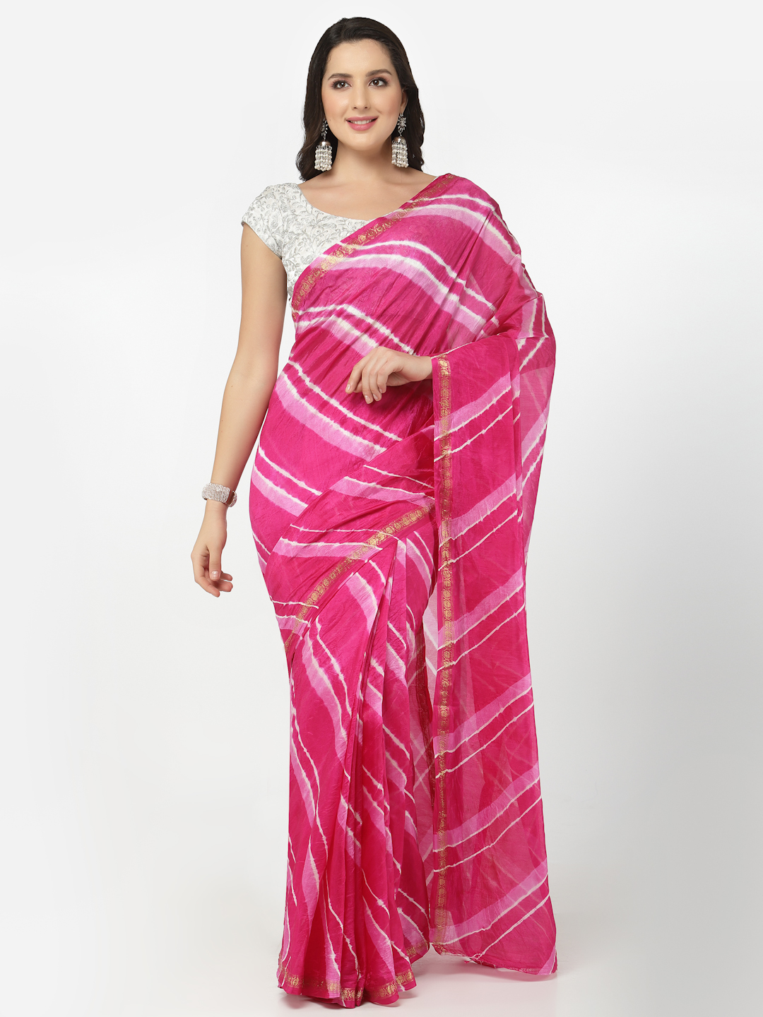 Womens Silk Bandhani and Zari Weaving Saree and Blouse Piece (Pink And White)