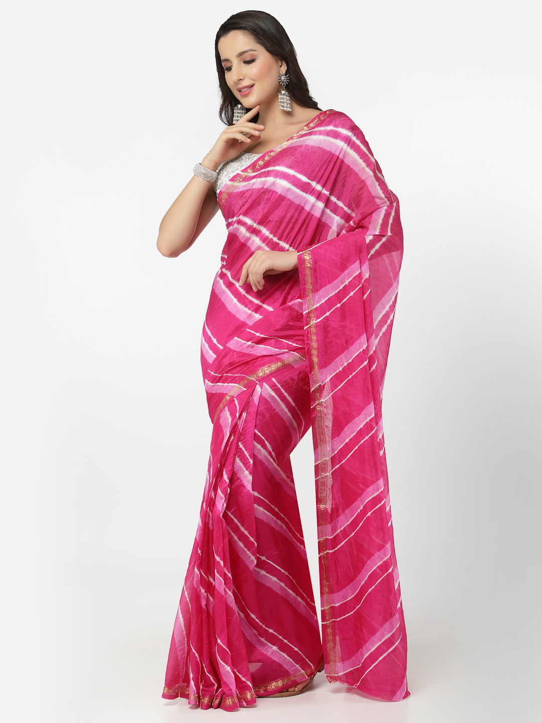 Womens Silk Bandhani and Zari Weaving Saree and Blouse Piece (Pink And White)