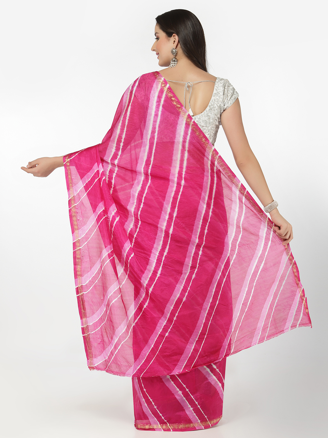 Womens Silk Bandhani and Zari Weaving Saree and Blouse Piece (Pink And White)