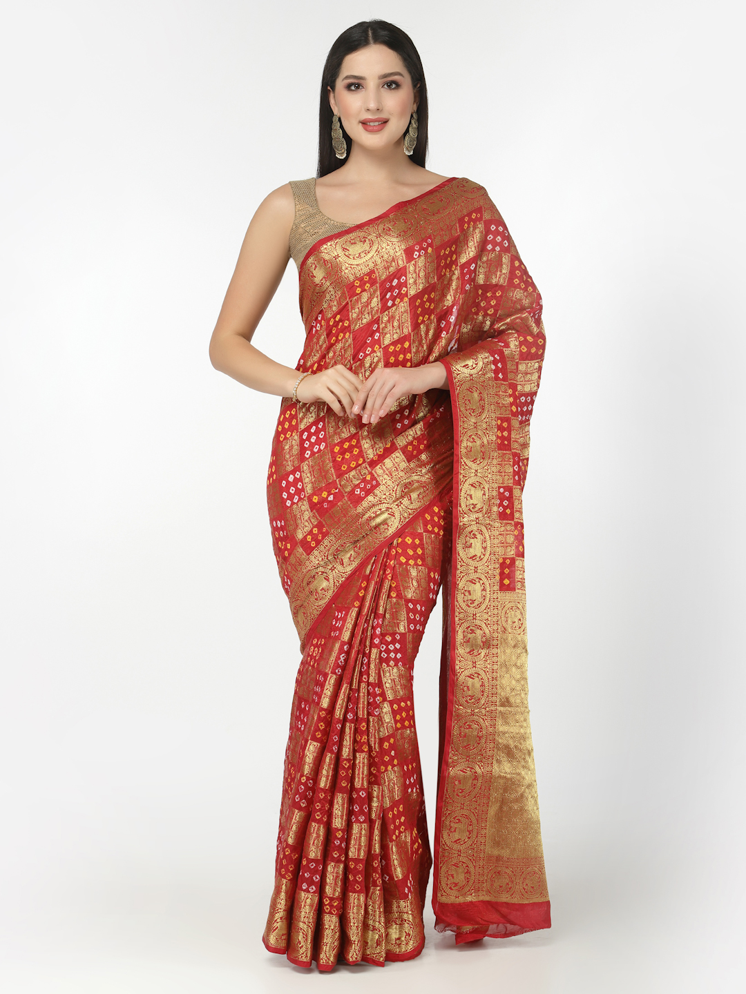 Women Silk Bandhani and Zari Weaving Saree with Unstitched Blouse - Red And Gold