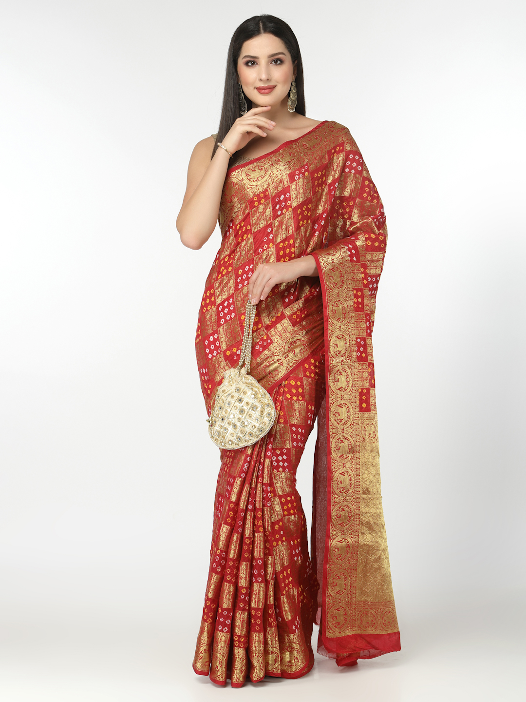 Women Silk Bandhani and Zari Weaving Saree with Unstitched Blouse - Red And Gold