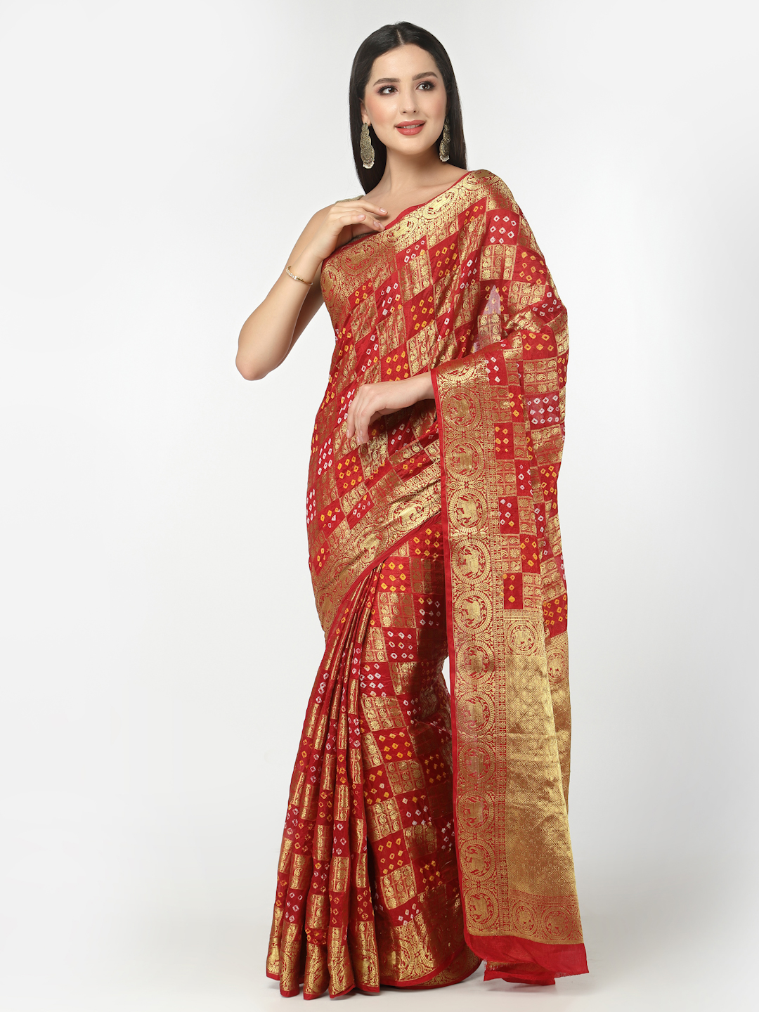 Women Silk Bandhani and Zari Weaving Saree with Unstitched Blouse - Red And Gold