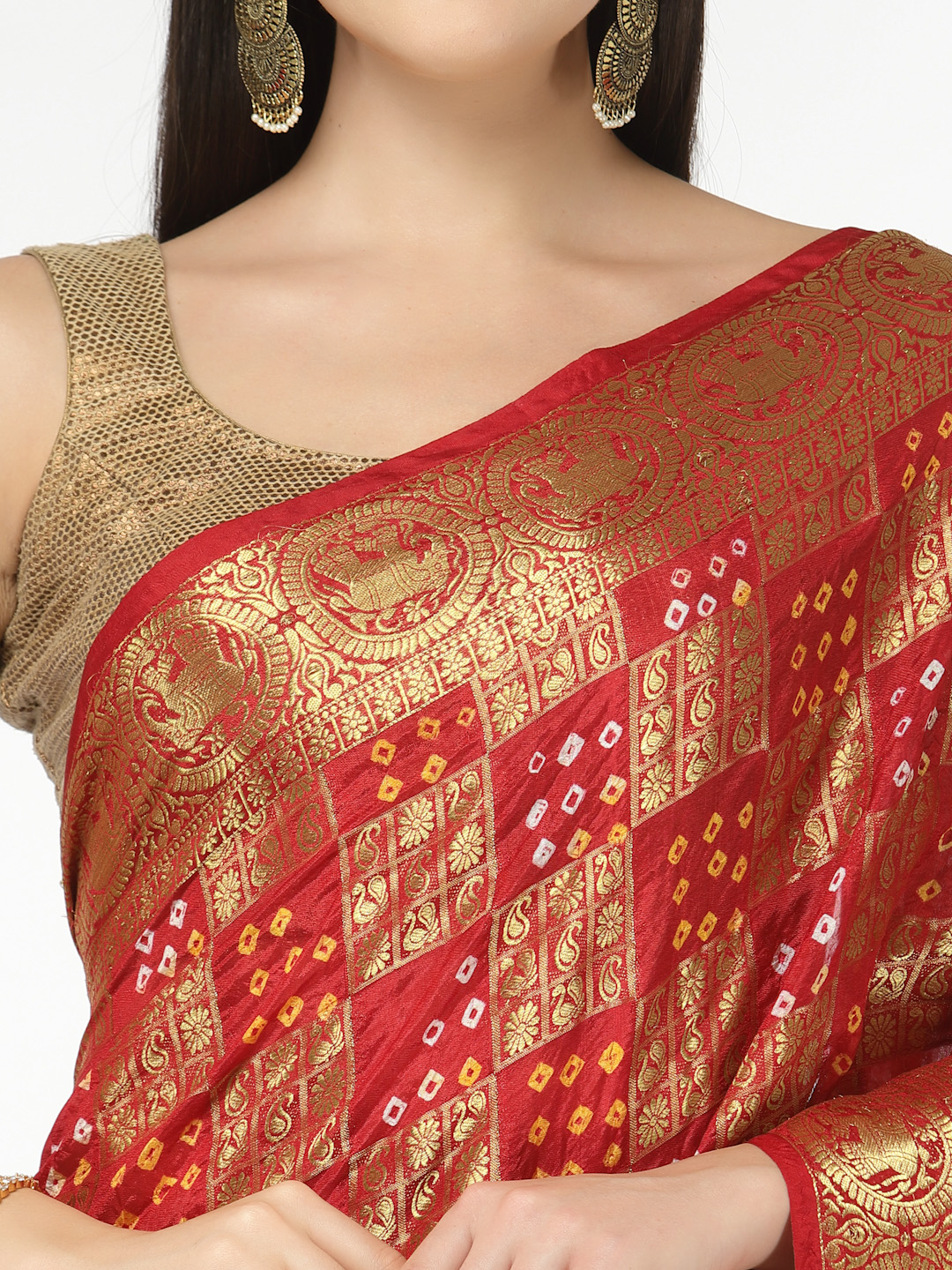 Women Silk Bandhani and Zari Weaving Saree with Unstitched Blouse - Red And Gold