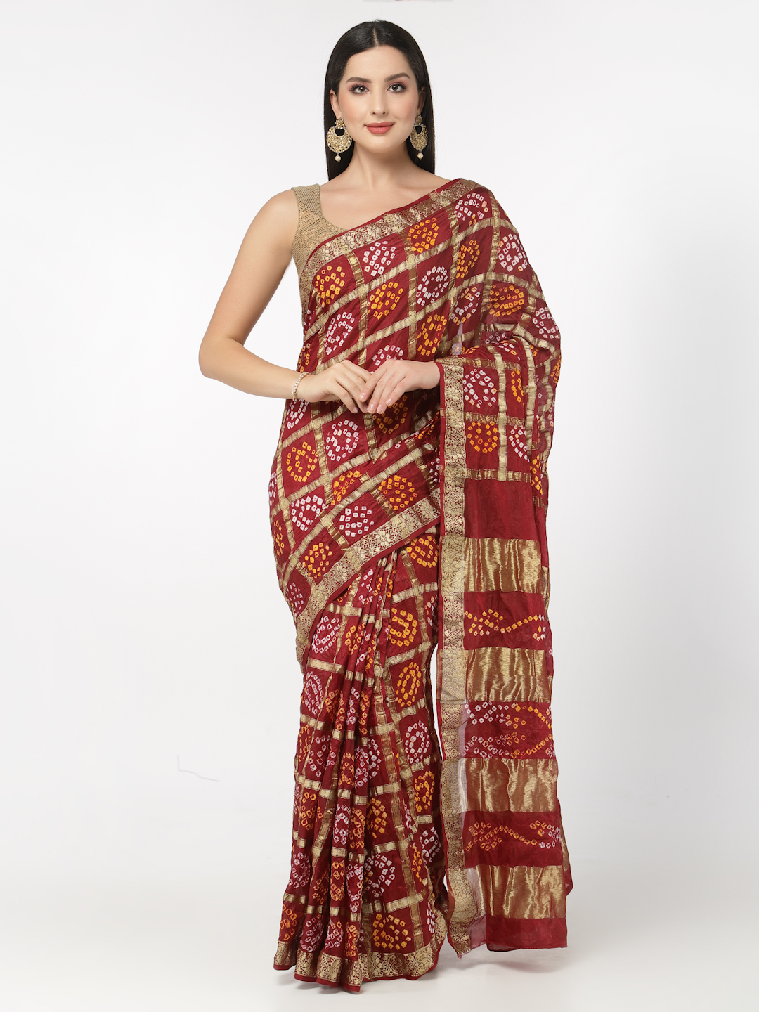 Women Silk Bandhani and Zari Weaving Saree with Unstitched Blouse - Maroon