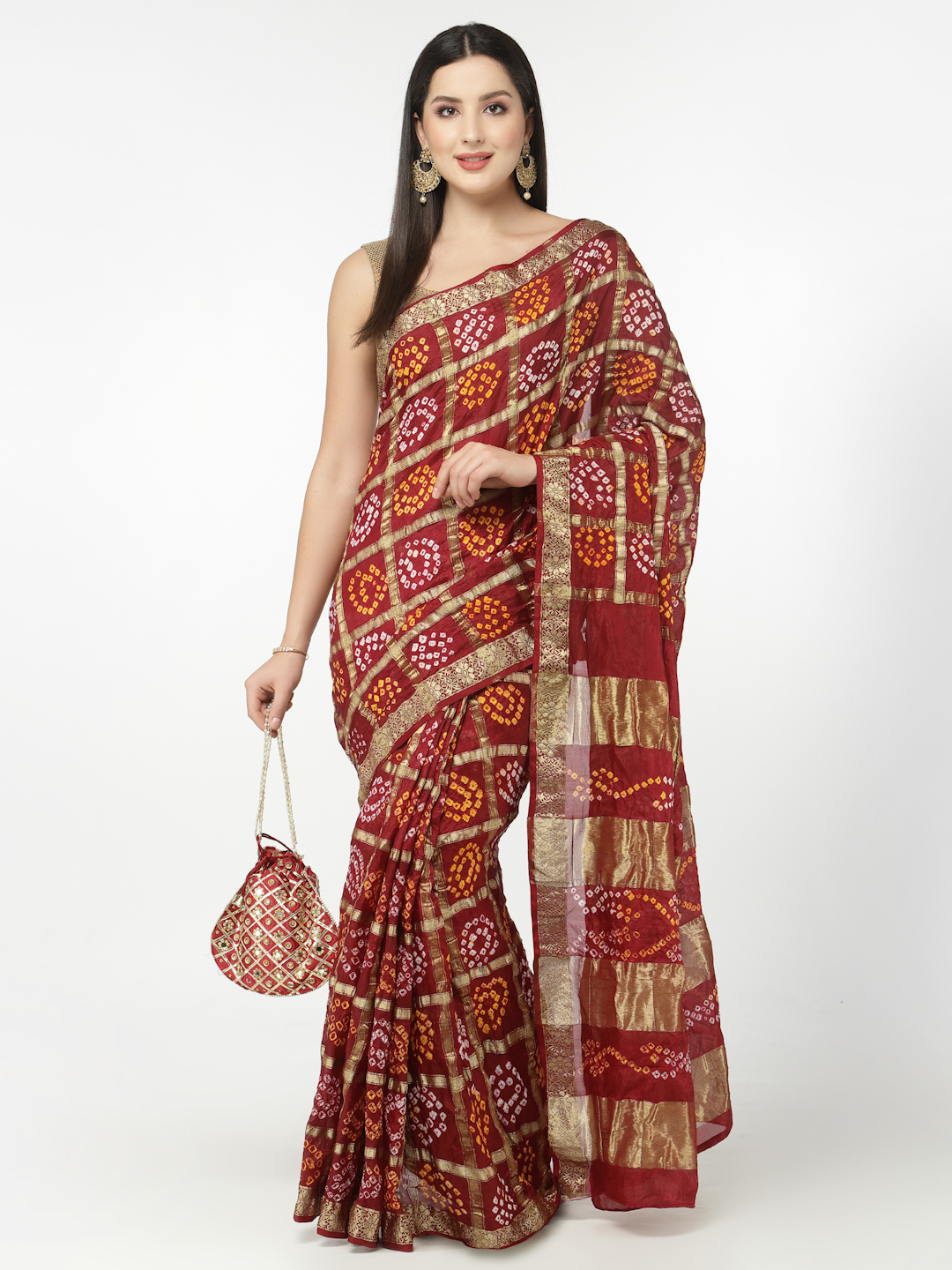 Women Silk Bandhani and Zari Weaving Saree with Unstitched Blouse - Maroon